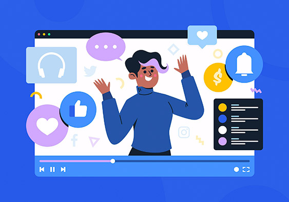 Ilustração de vídeo animado: personagem acenando em um player, cercado de ícones de redes sociais