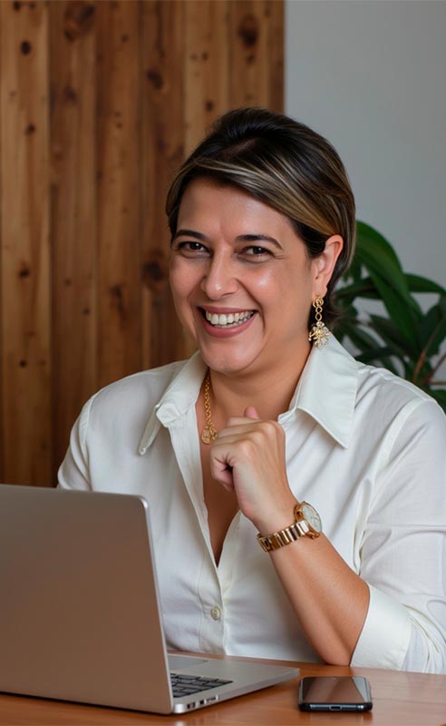 Retrato profissional gerado com IA — mulher sorrindo em escritório de madeira