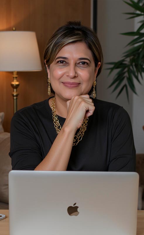Retrato profissional gerado com IA — mulher com notebook em ambiente clássico