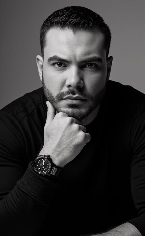 Retrato profissional gerado com IA — homem em preto e branco