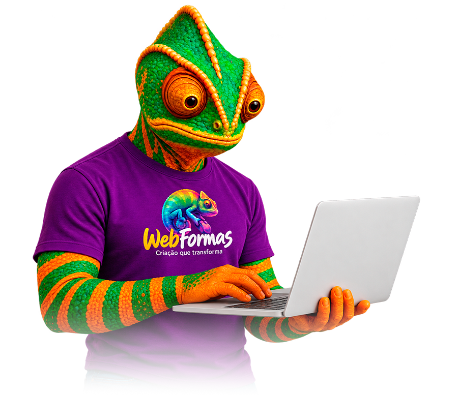 Mascote da WebFormas com notebook, representando a otimização de conteúdos para inteligência artificial (GEO)
