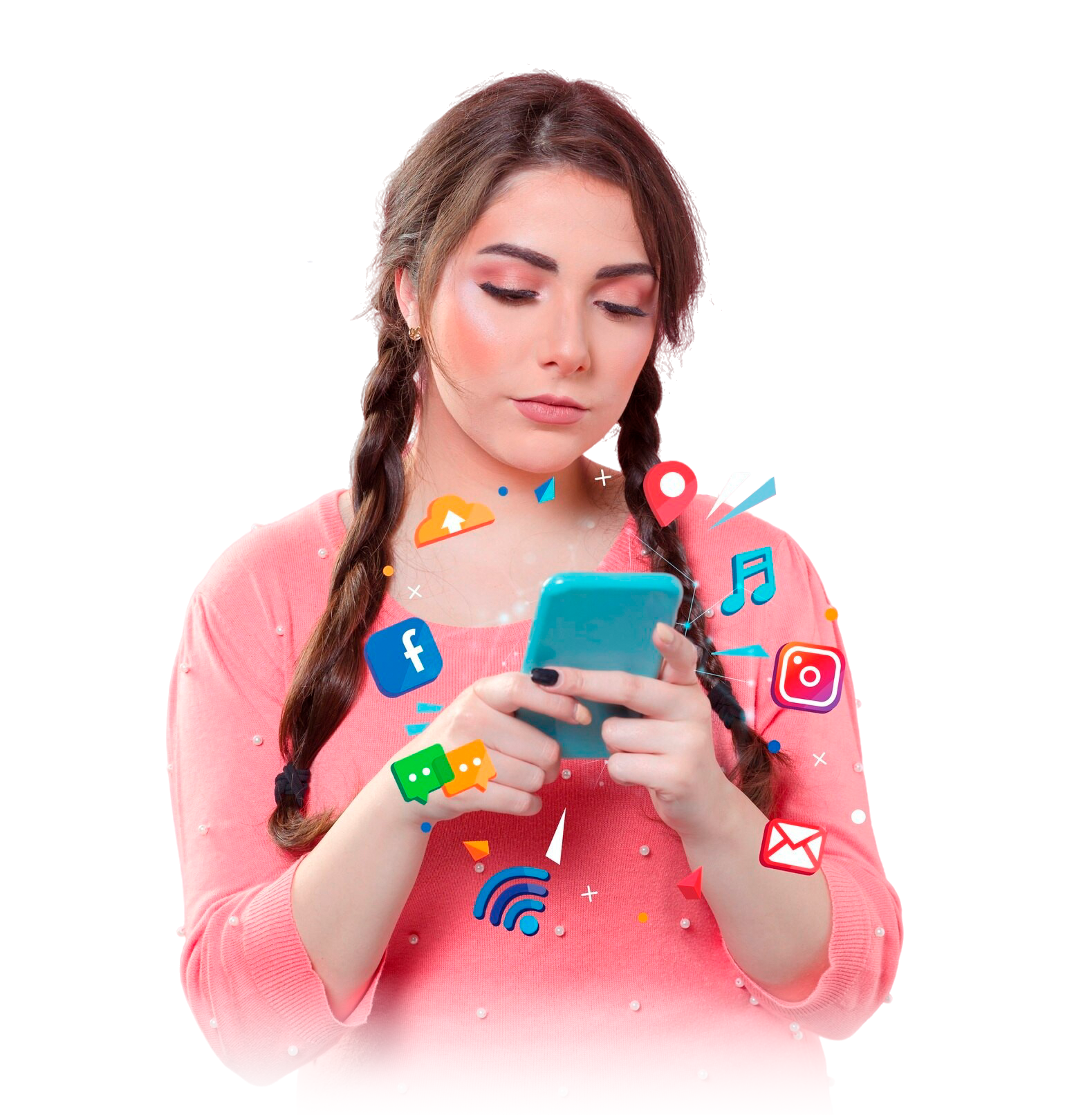 Mulher usando o celular com ícones de redes sociais ao redor