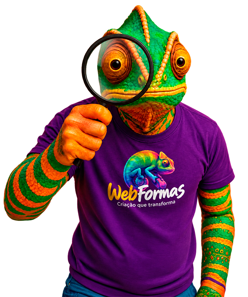 Mascote da WebFormas, o camaleão, olhando através de uma lupa