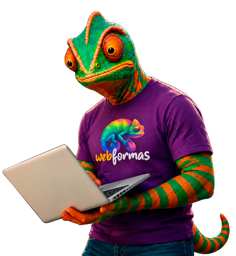 Mascote da WebFormas, o camaleão, com um notebook: sites responsivos para qualquer tela