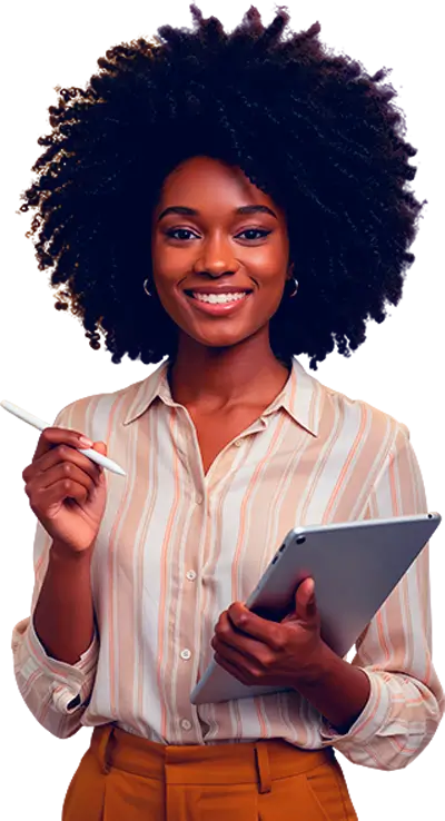 Profissional sorrindo com tablet acompanhando resultados de campanhas de tráfego pago