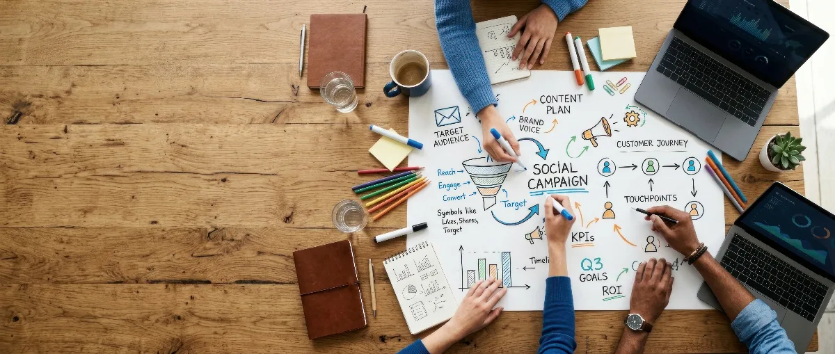 Meta One planos de assinatura: equipe de marketing digital planejando conteúdo para Instagram e Facebook