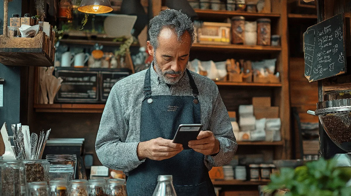 SEO local: proprietária de pequena empresa verificando perfil no Google Maps pelo celular