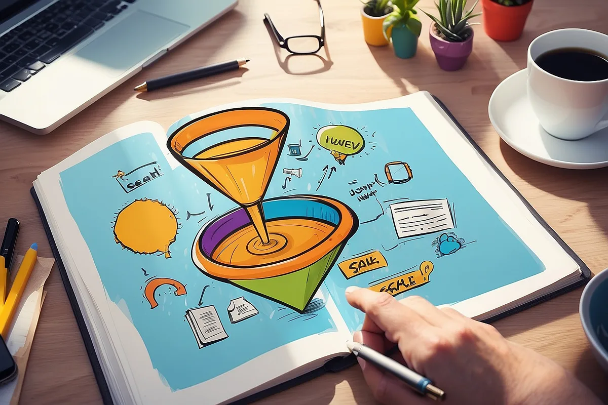 Funil de vendas marketing digital: empreendedora planejando estratégia em papel