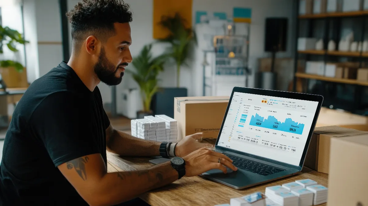 Remarketing digital: empresária analisando métricas de campanha no computador