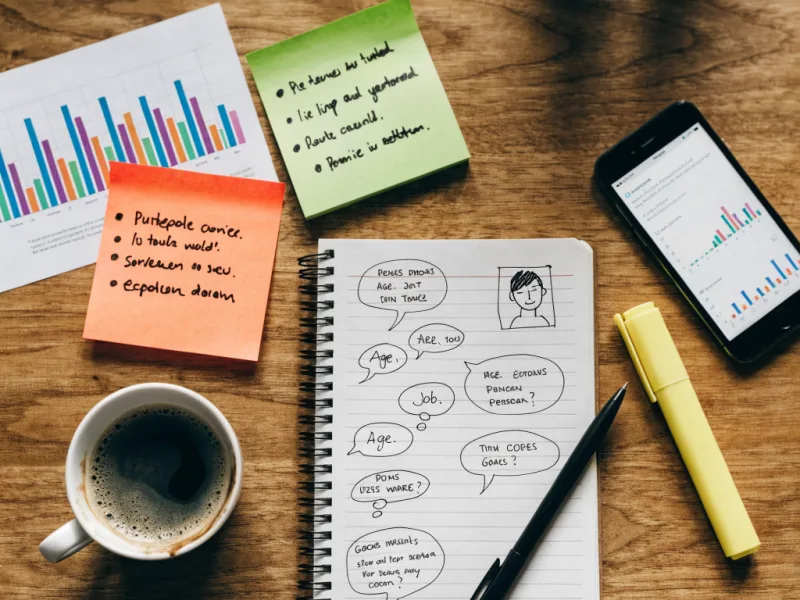 Como criar persona: caderno com esboços, post-its e relatório de dados em flat lay