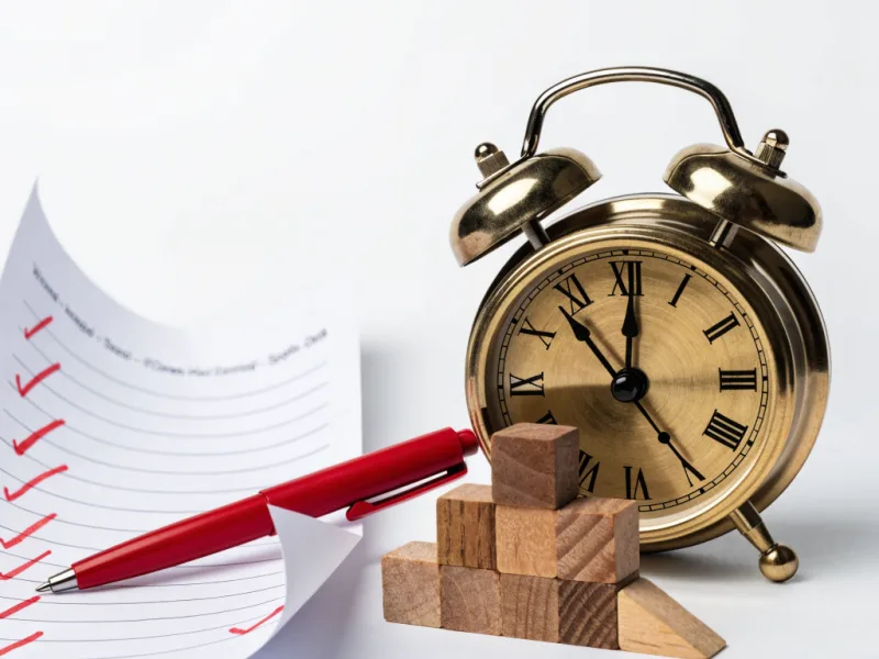 Checklist de lançamento de site: lista com marcações, relógio e blocos de planejamento