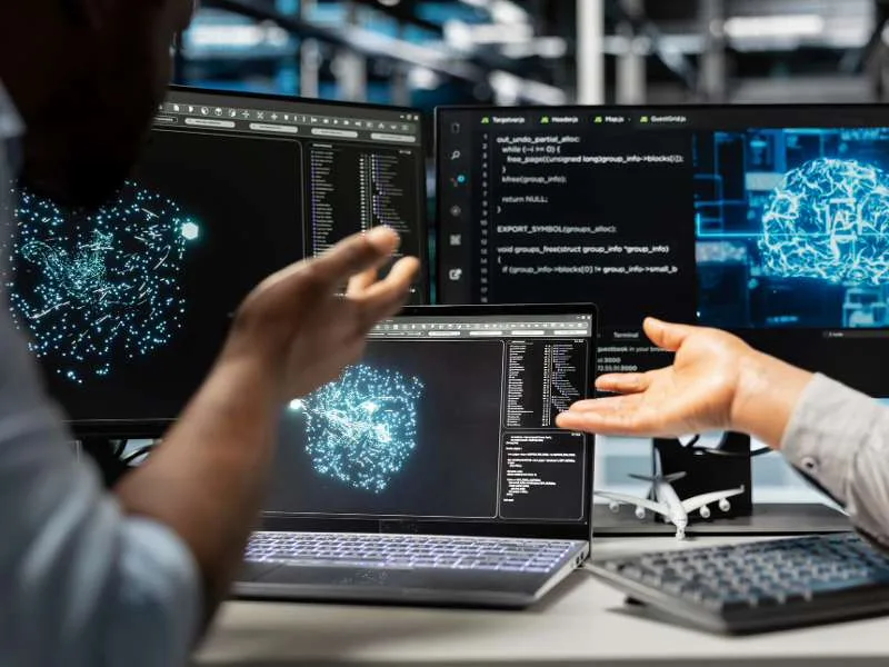 ChatGPT Gemini Perplexity para empresas: tela de IA com interface de chat em desfoque