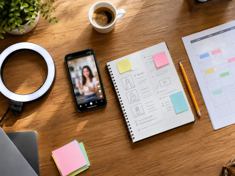 TikTok para empresas: mesa com smartphone, ring light e calendário de conteúdo para vídeos