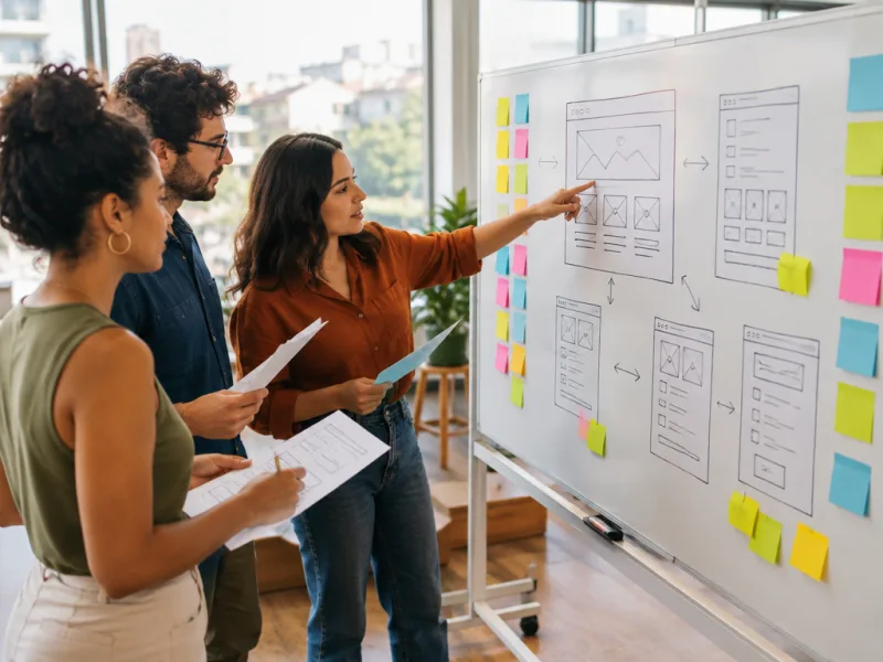 O que um site precisa ter: equipe planejando elementos essenciais em quadro branco com wireframes