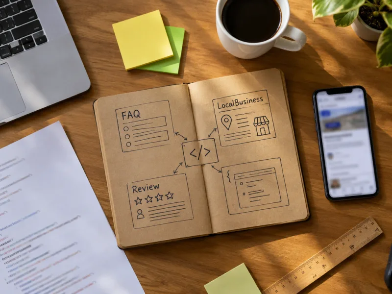 Dados estruturados para SEO e IA: caderno com anotações de FAQ, LocalBusiness e Review em mesa de escritório