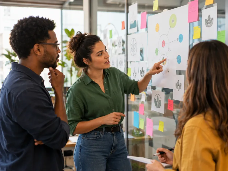 Branding para pequenas empresas: equipe colaborando com esboços de marca e post-its em escritório
