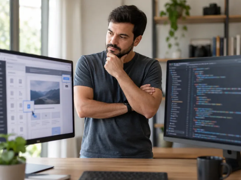 WordPress ou site sob medida: empresário analisando CMS e código em dois monitores