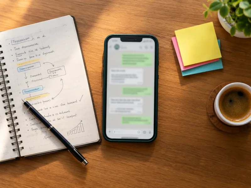 Script de vendas pelo WhatsApp: caderno com roteiro de atendimento ao lado de smartphone com chat aberto
