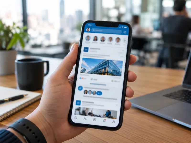 LinkedIn para empresas B2B: pasta executiva aberta com bússola e cartões de visita sobre fundo cinza claro
