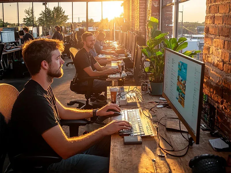 Agência de desenvolvimento web confiável em São Paulo: equipe trabalhando em escritório ao pôr do sol