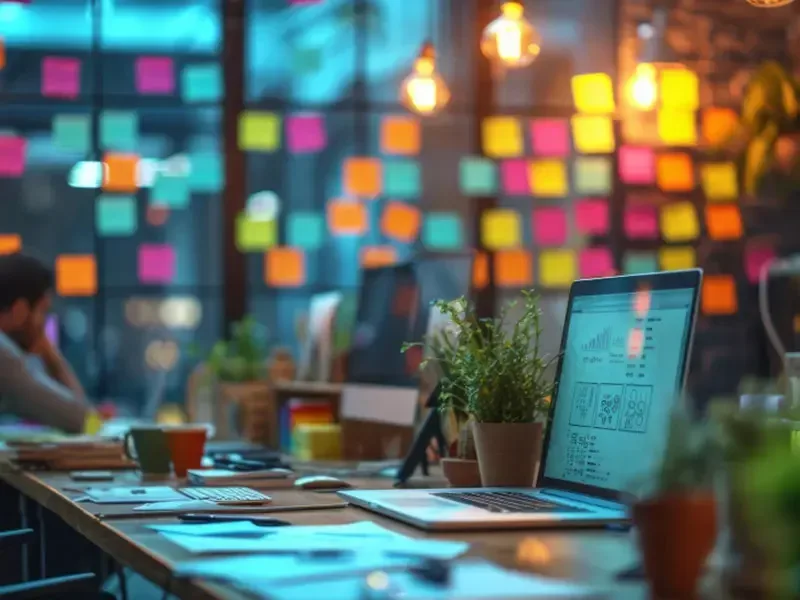 Escritório criativo com laptop exibindo dashboard de marketing digital, post-its coloridos na parede de vidro ao fundo e planta sobre a mesa