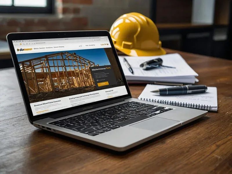 Marketing digital para indústrias: laptop com site industrial, capacete e caderno em mesa de trabalho