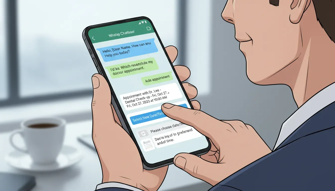 Usuário remarcando compromisso rapidamente através de chatbot no WhatsApp, mostrada em seu smartphone