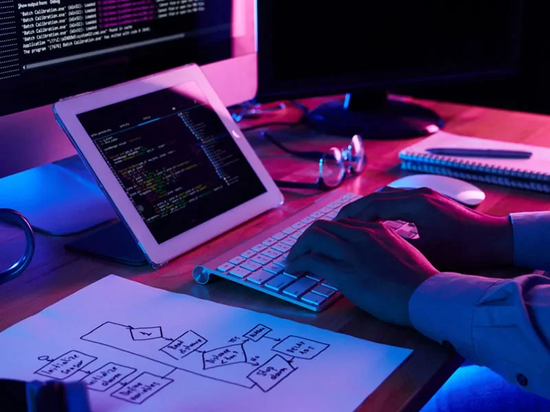Empresas que fazem sites em WordPress em São Paulo: desenvolvedor programando com tablet e monitor
